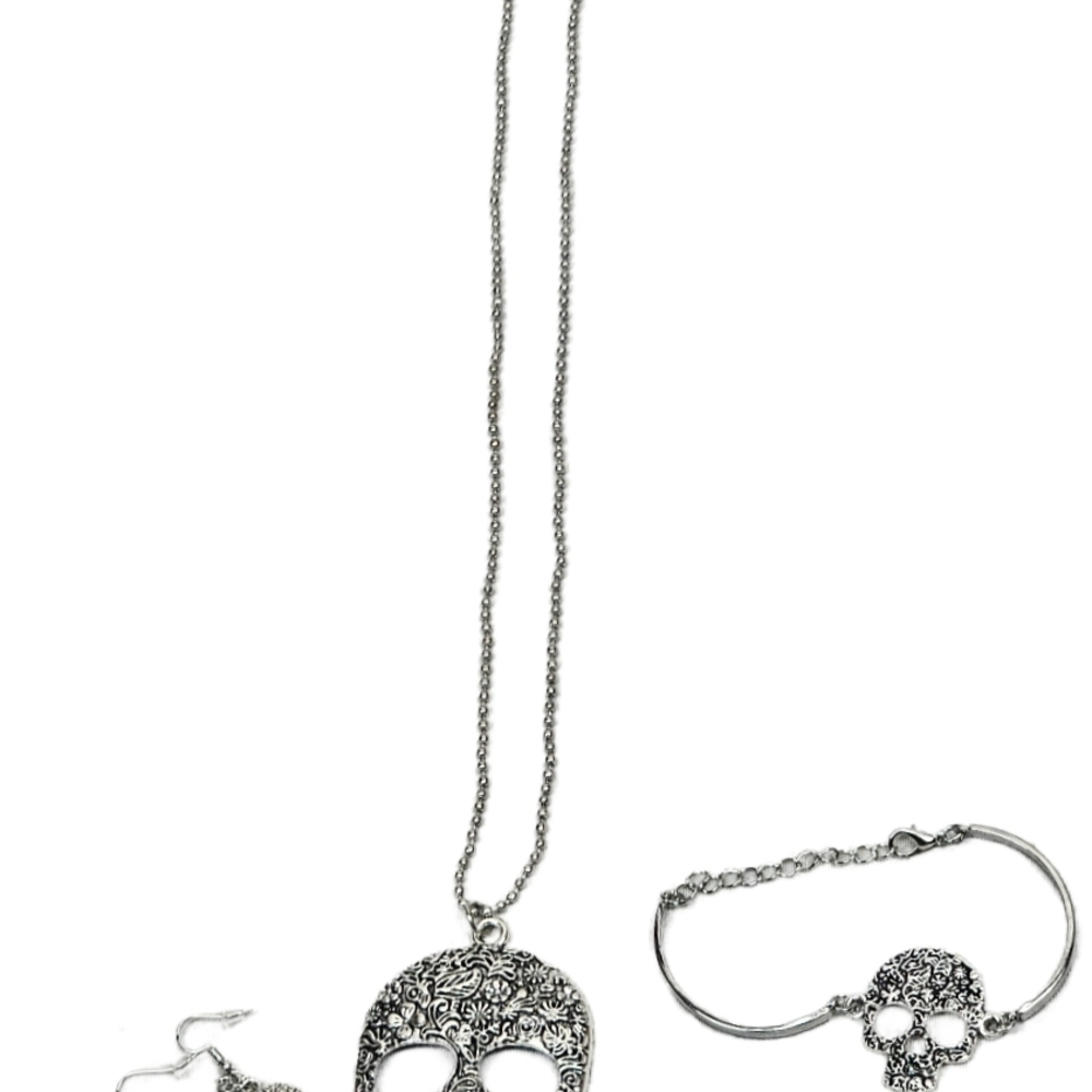 NEW 4pc Sugar Skull Jewelry Set | Necklace Earrings & Bracelet | Day Of The Dead